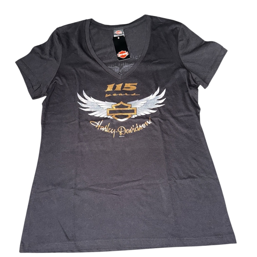 NWT Harley-Davidson Women’s Black T-Shirt with Gold and White 115 Years Logo XL